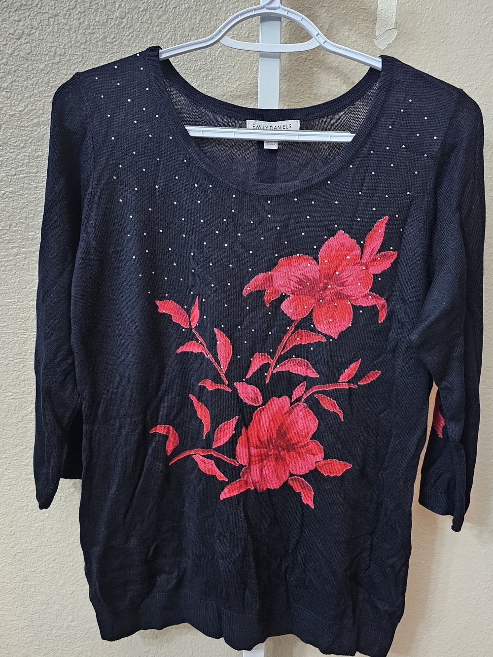 Emily Daniels Black Long-Sleeve Knit Top with Pink Floral Accent PL